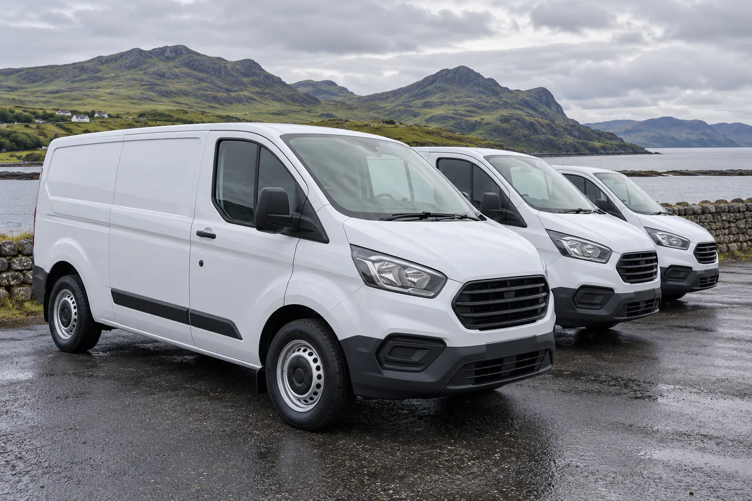 Illustration of three white commercial vans parked beside a stone wall and a Scottish sea loch