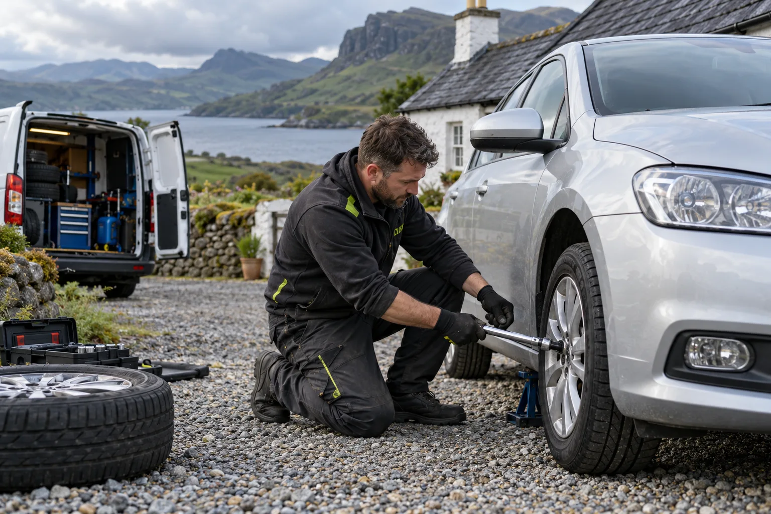 Illustration of a mobile tyre fitter fastening a car wheel beside a rural Scottish cottage