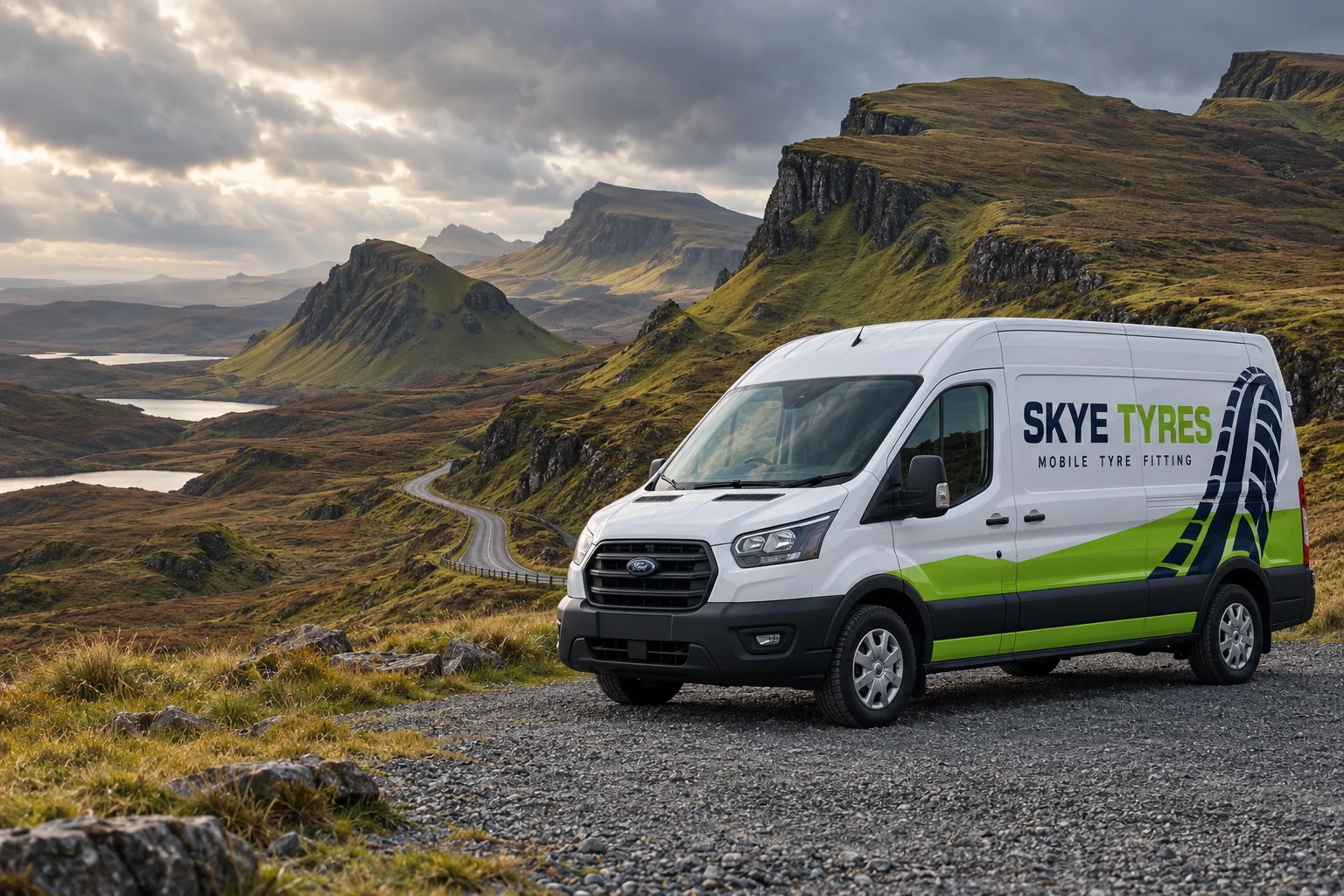 Illustration of a Skye Tyres mobile fitting van in the Scottish landscape